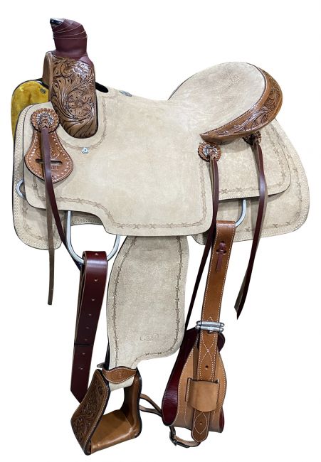 16", 17" Circle S Roper Western Saddle with barbed wire tooling on skirt